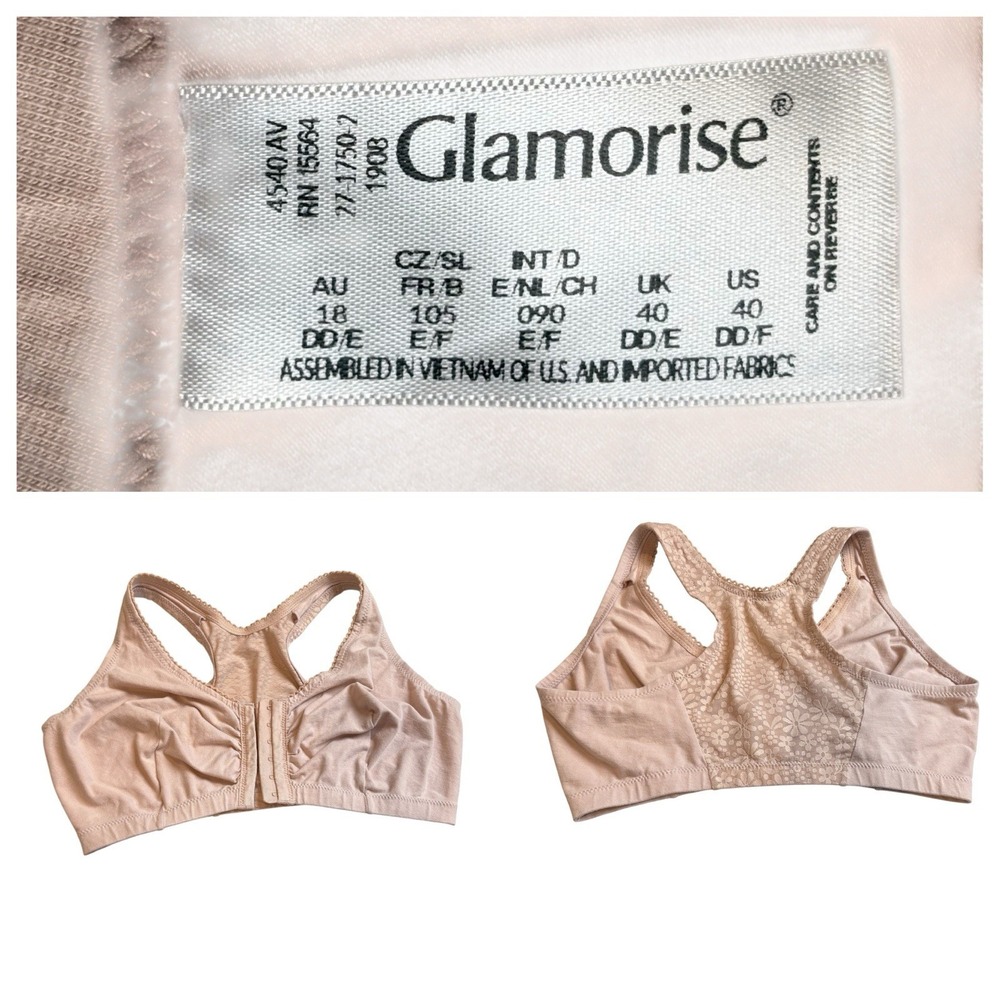 Glamorise Bra Front Close 40DD Cotton T Back Cafe Beige Stretch Cups Floral Lace